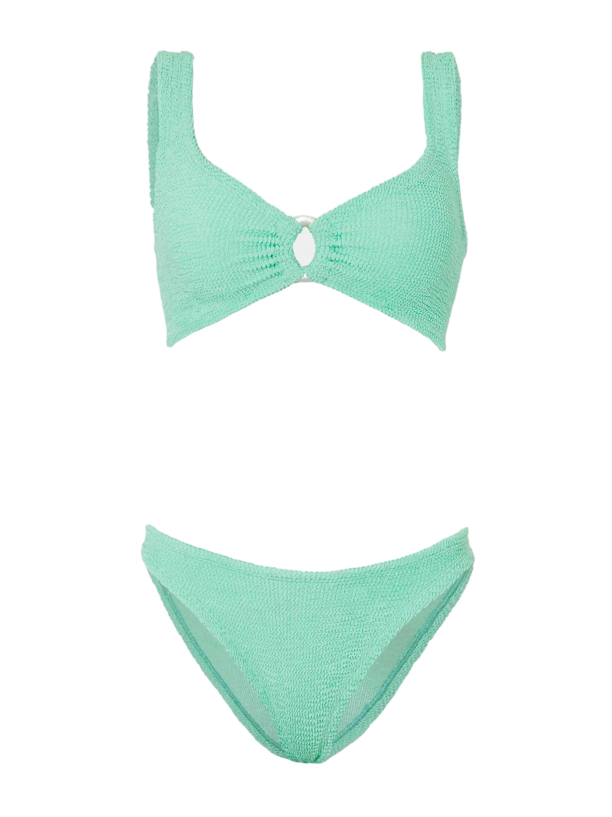 The Julia Bikini by Hunza G features a light green, ocean-inspired textured design with a pearly hoop detail at the center of the top and matching high-cut bottoms, shown against a white background.