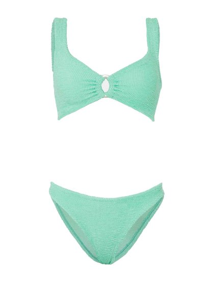 The Julia Bikini by Hunza G features a light green, ocean-inspired textured design with a pearly hoop detail at the center of the top and matching high-cut bottoms, shown against a white background.