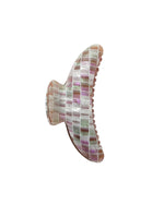 The Machete Jumbo Heirloom Claw is a large hair clip made from Italian acetate, showcasing a pink, green, and white mosaic tile pattern. Perfect for securing thick hair with style, it’s photographed against a plain white background.