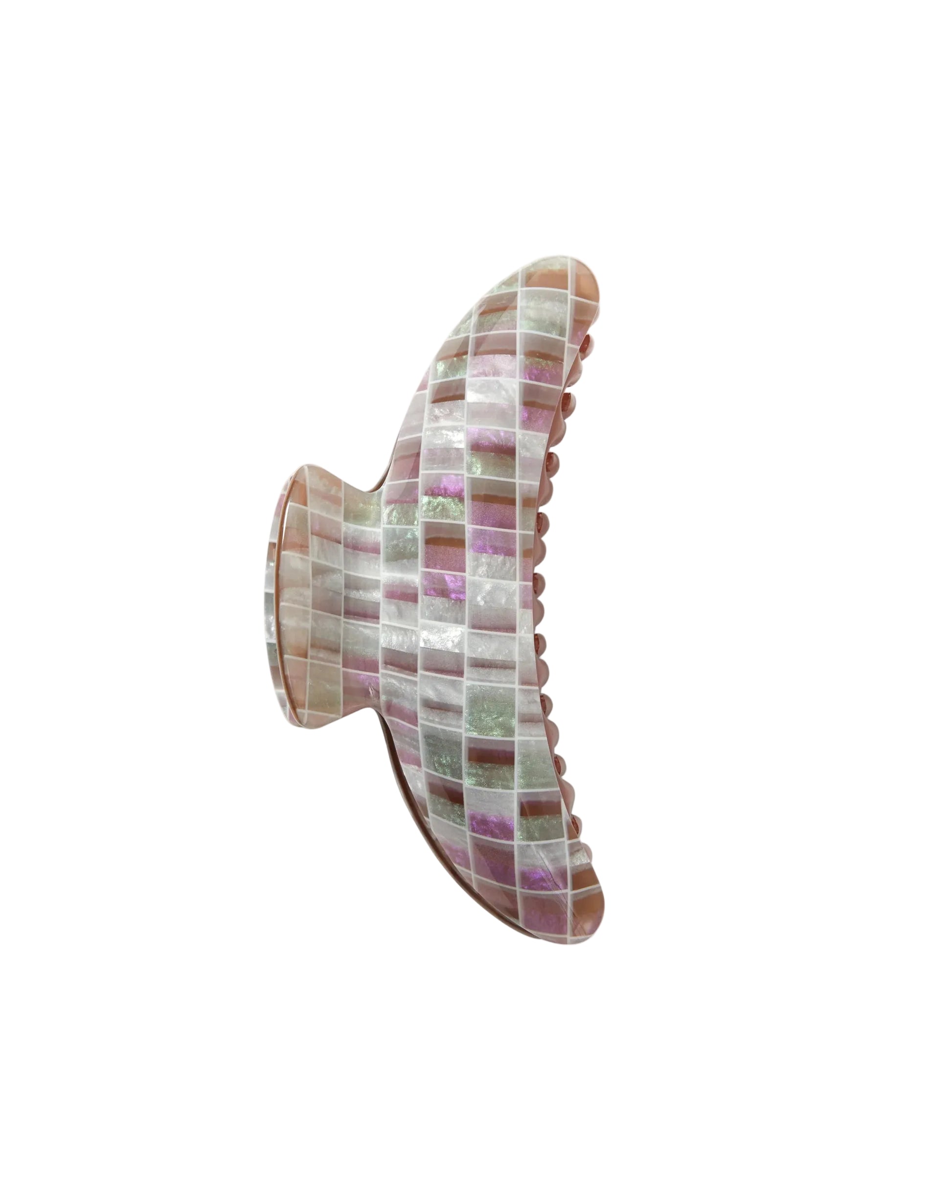 The Machete Jumbo Heirloom Claw is a large hair clip made from Italian acetate, showcasing a pink, green, and white mosaic tile pattern. Perfect for securing thick hair with style, it’s photographed against a plain white background.
