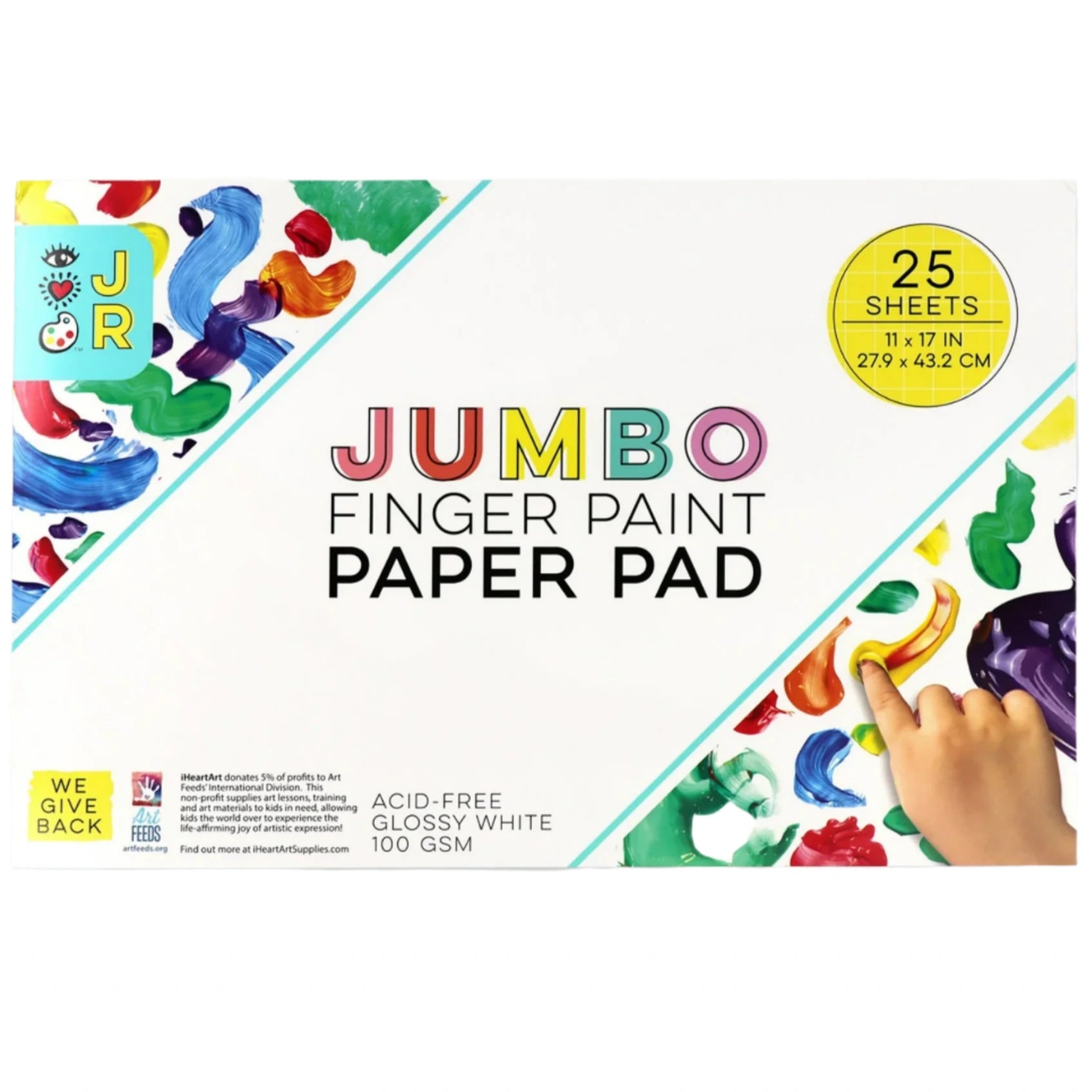 The Bright Stripes Jr. Jumbo Finger Paint Paper Pad, featuring 25 sheets of glossy white, acid-free paper at 11x17 inches and 100 GSM, showcases vibrant paint strokes with a child's hand.