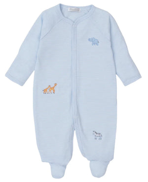 This charming Kissy Kissy Jungle Oasis Striped Footie in light blue is made from soft Pima cotton and adorned with delightful jungle animal details, such as an elephant, giraffes, and a zebra.