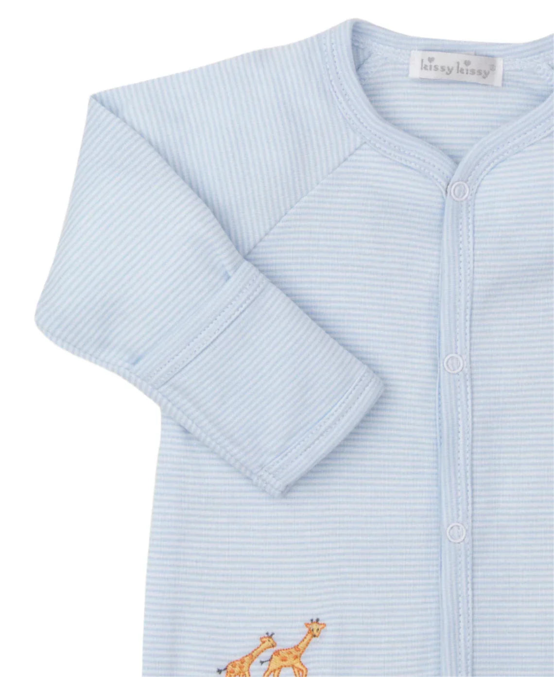 The Kissy Kissy Jungle Oasis Striped Footie is a light blue Pima cotton baby onesie that showcases vertical stripes along with delightful jungle animal decorations, including embroidered giraffes near the bottom.