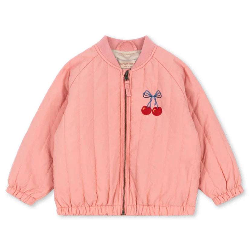 The Konges Slojd Juno Bomber Jacket is a chic pink quilted thermo jacket featuring a zipper and an embroidered cherry design on the left chest, offering both style and cozy insulation.