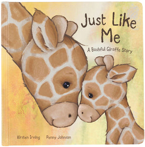 Cover of the children's book "Jellycat Just Like Me Book" by Jellycat featuring an adult and a baby giraffe touching heads. With vibrant pictures, this joyful tale by authors Kirsten Irving and Penny Johnson is perfect for little readers.