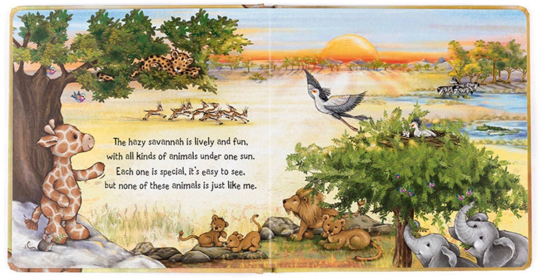 A colorful illustration depicting various animals on a savannah, including giraffes, lions, birds, and elephants, with a setting sun in the background. This joyful tale features rhyming text about their uniqueness, designed to captivate little readers with its vibrant pictures. The Jellycat Just Like Me Book by Jellycat is perfect for engaging young imaginations.