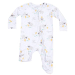 Angel Dear's Baby Boys' 2-Way Zipper Footie is a white bamboo long-sleeve sleeper with sheep and duck prints, featuring a diagonal zipper from neck to left leg.