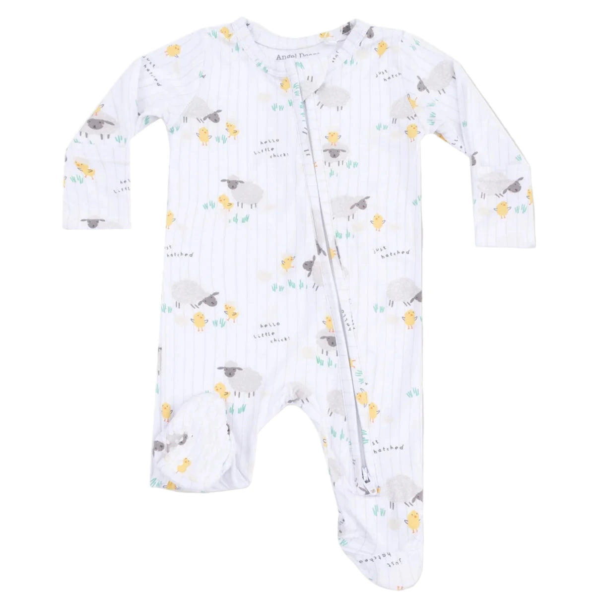 Angel Dear's Baby Boys' 2-Way Zipper Footie is a white bamboo long-sleeve sleeper with sheep and duck prints, featuring a diagonal zipper from neck to left leg.