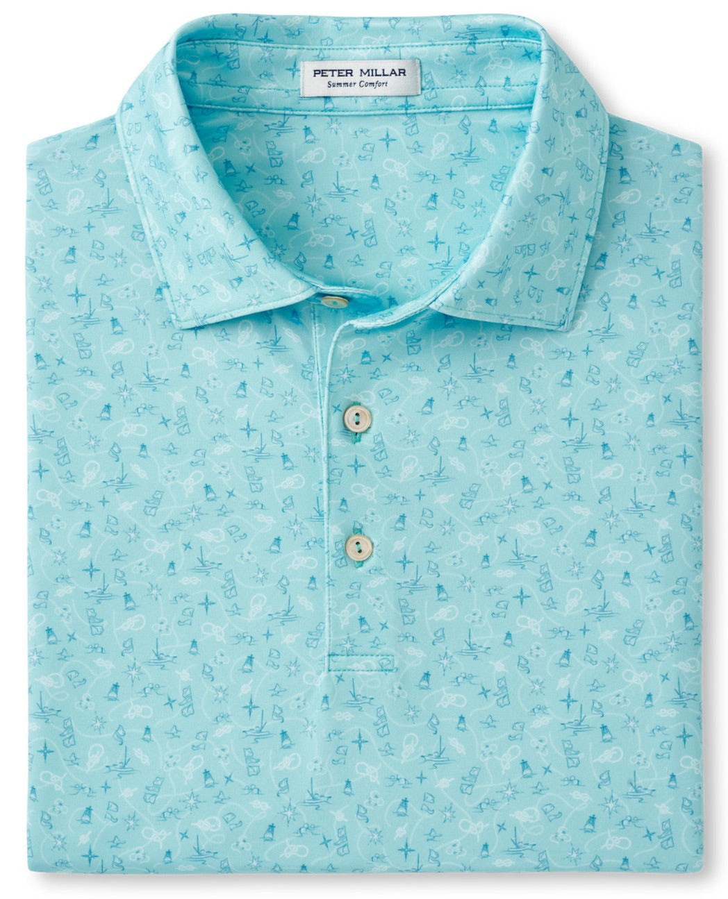 The Peter Millar Show Me The Way Performance Jersey Polo, a light blue patterned shirt with UPF 50+ sun protection and a three-button placket, is folded neatly.