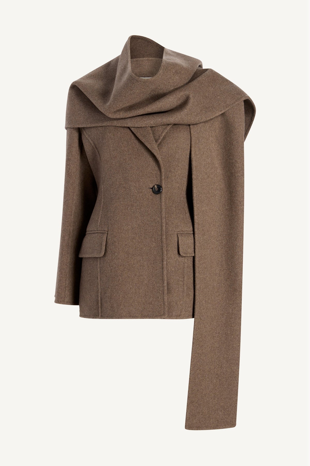 Kallmeyer Sablier Scarf Blazer in brown virgin wool, featuring a single-button closure and an integrated scarf collar that drapes over the shoulder.