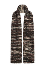 Kallmeyer Kiva Scarf, a chunky, long knit scarf in a variegated pattern of brown, black, and cream yarn.