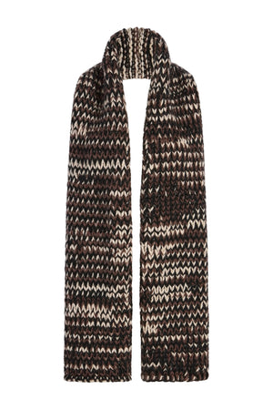 Kallmeyer Kiva Scarf, a chunky, long knit scarf in a variegated pattern of brown, black, and cream yarn.