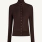 The Leona Silk Wool Cardigan by Kallmeyer is a brown, long-sleeve button-up made in Italy, featuring a high funnel collar and shown against a plain background.
