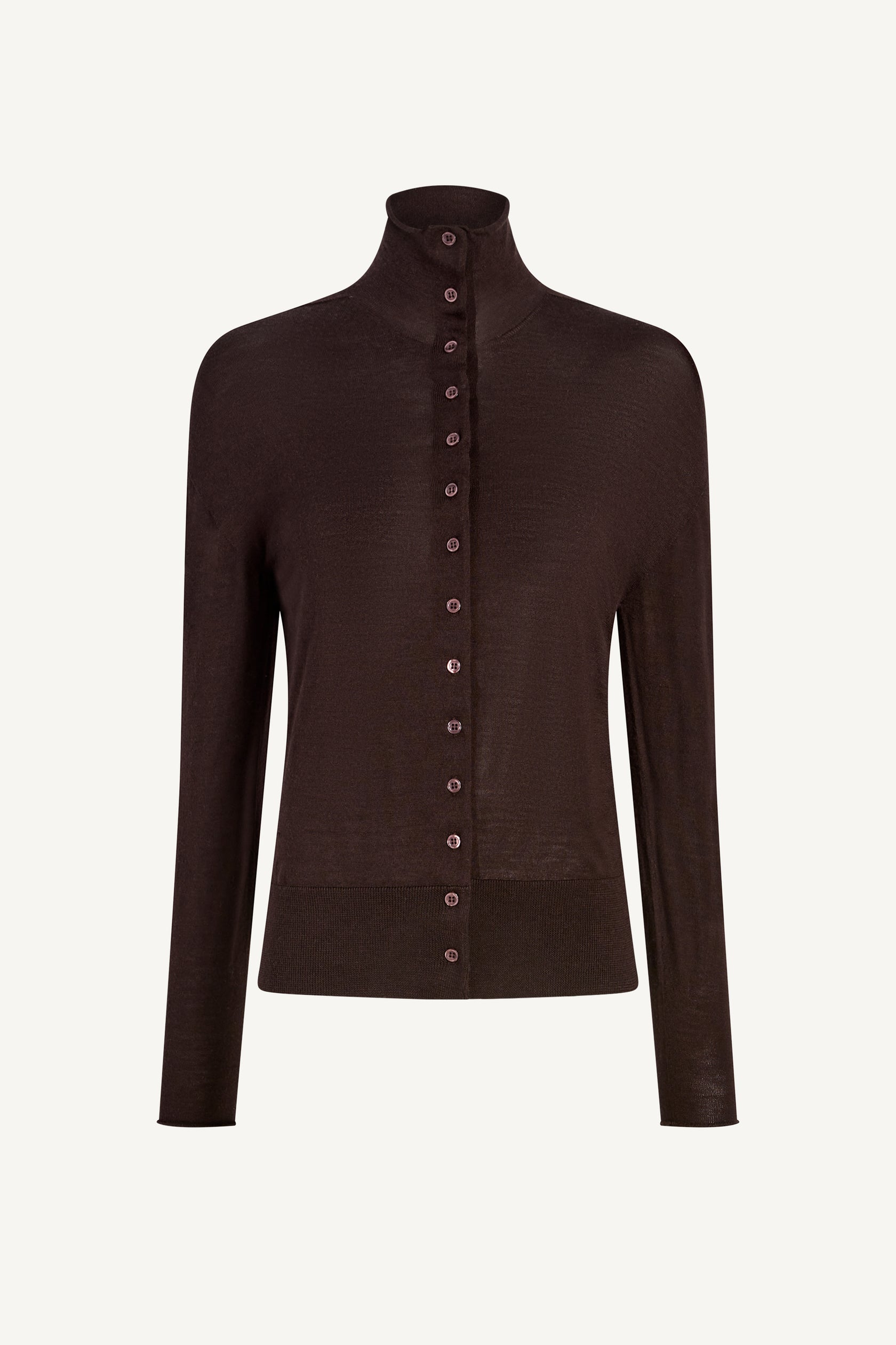 The Leona Silk Wool Cardigan by Kallmeyer is a brown, long-sleeve button-up made in Italy, featuring a high funnel collar and shown against a plain background.
