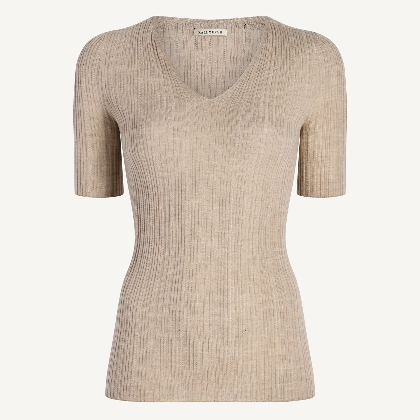 The Kallmeyer Pika Short Sleeve V-Neck is a beige ribbed pointelle knit top featuring short sleeves and a deep V neckline, made in Italy and shown against a plain white background.