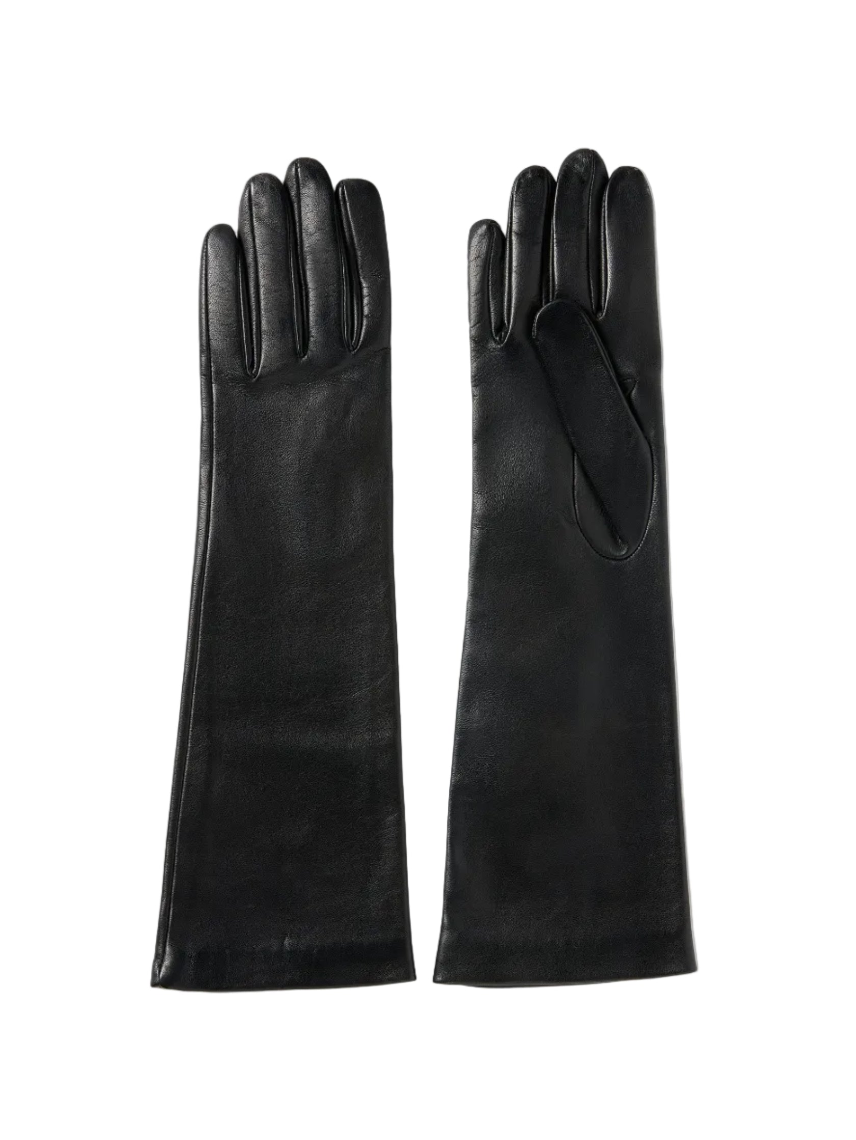 A pair of Kallmeyer Park Leather Gloves—handmade in Italy from black leather with extended cuffs and a silk lining for extra comfort—are shown laid flat on a white background.