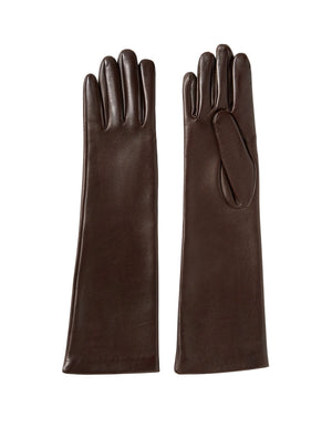 A pair of Kallmeyer Park Leather Gloves in long, dark brown handmade leather, displayed from above with one glove showing the palm side and the other showing the back.