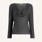 The Wilka Blouse by Kallmeyer is a long-sleeve, dark gray cowl neck blouse, expertly crafted from luxurious silk georgette in New York and showcased against a simple, light background.