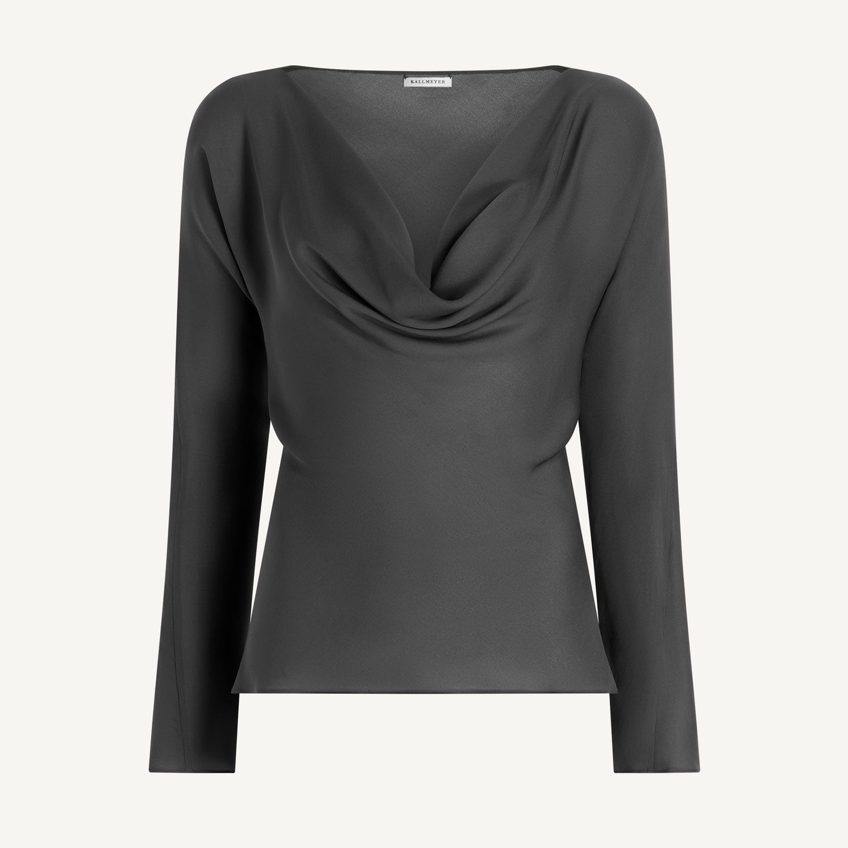 The Wilka Blouse by Kallmeyer is a long-sleeve, dark gray cowl neck blouse, expertly crafted from luxurious silk georgette in New York and showcased against a simple, light background.