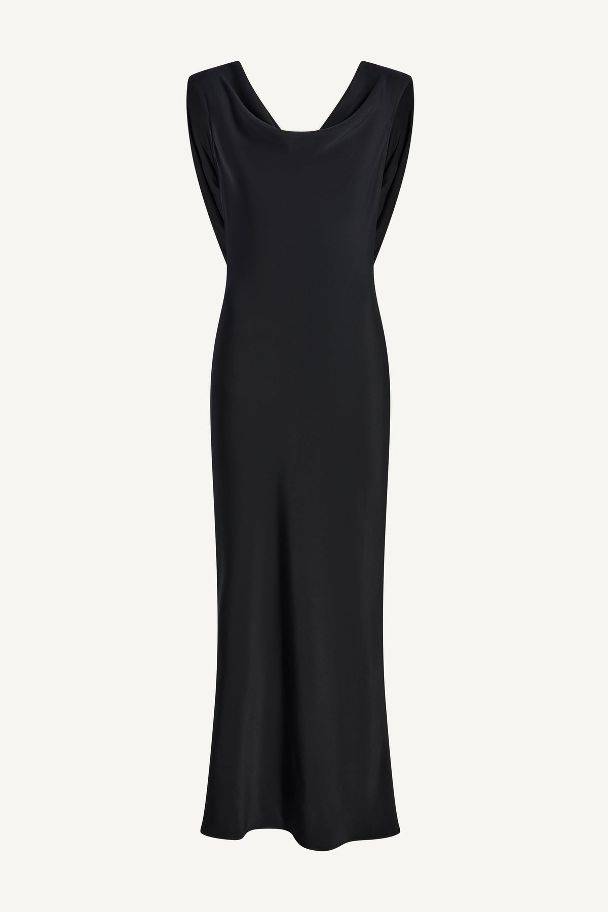 Kallmeyer Gilda Bias Dress in black viscose cady, featuring a draped cowl neckline and wide shoulders.