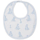 The Kissy Kissy Giraffe Grace Bib is made from soft Pima cotton with light blue trim and a cute giraffe and grass print—ideal for baby mealtime.