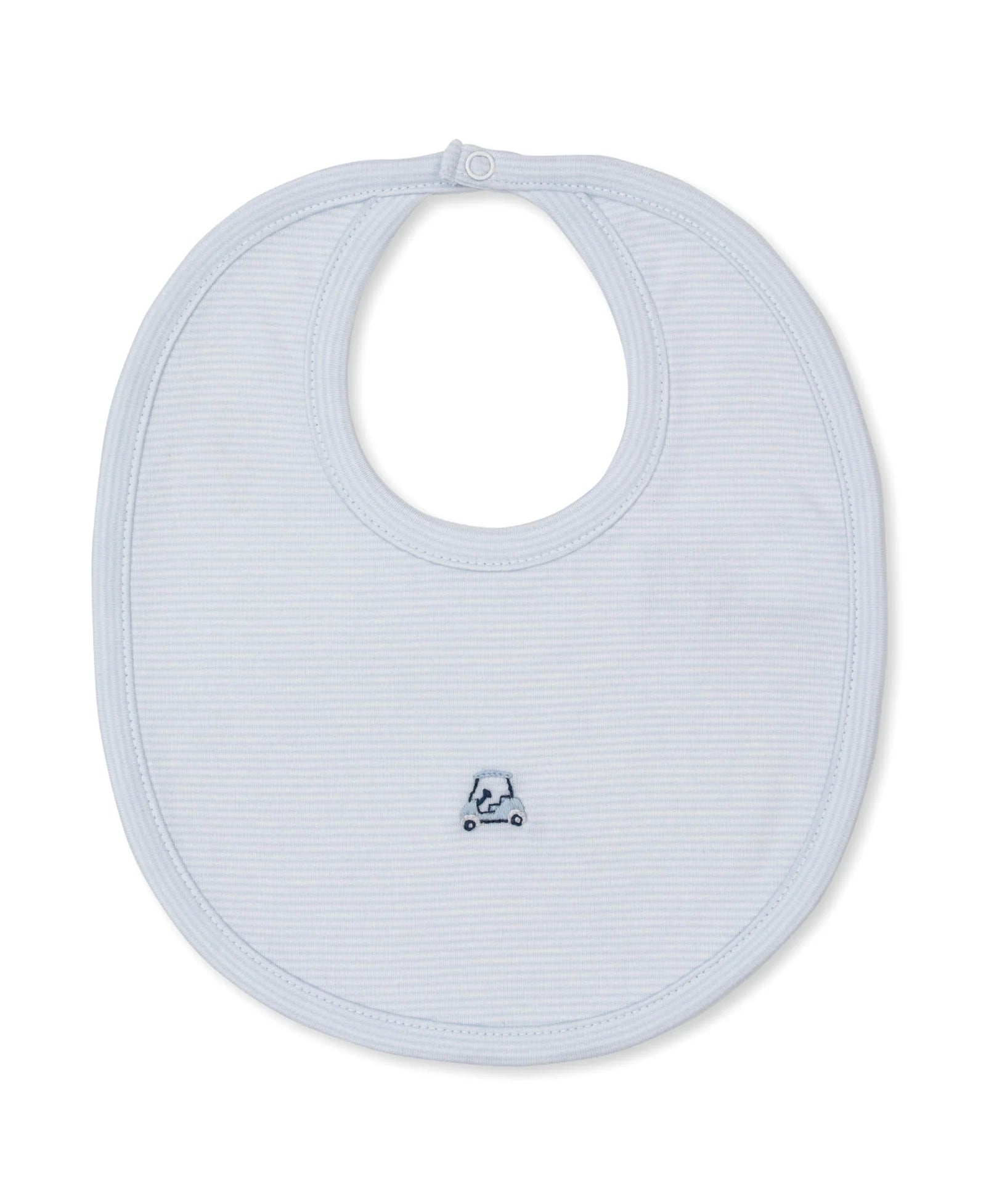 The Kissy Kissy Premium Golf Championship Hand Embroidered Bib features a round neck, snap closure, and detailed golf-themed embroidery—ideal for keeping your baby tidy and stylish.