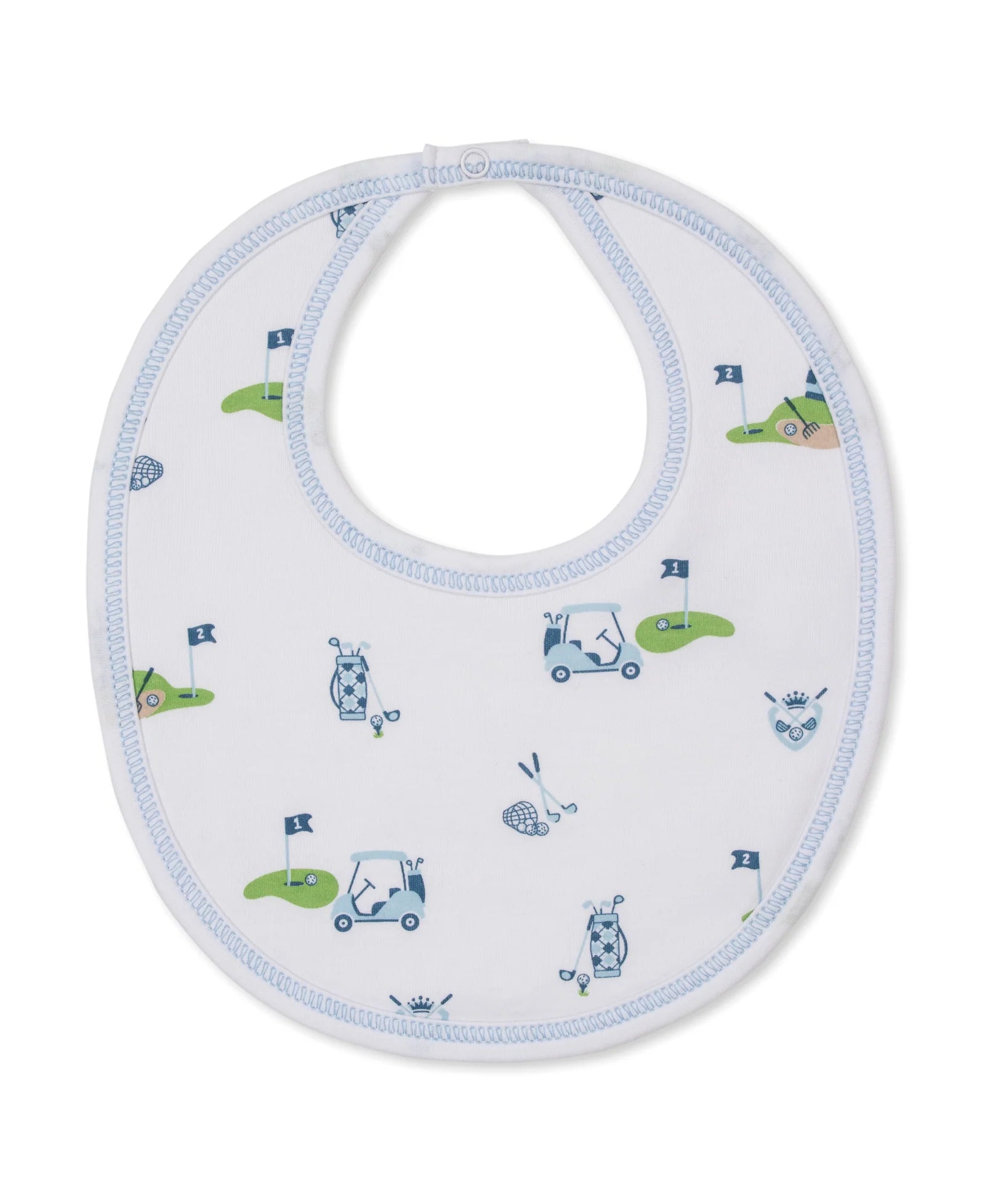 The Kissy Kissy Golf Championship Prt. Bib is made from white Pima cotton with light blue trim and decorated with a playful golf-themed print in blue, green, and light pink.