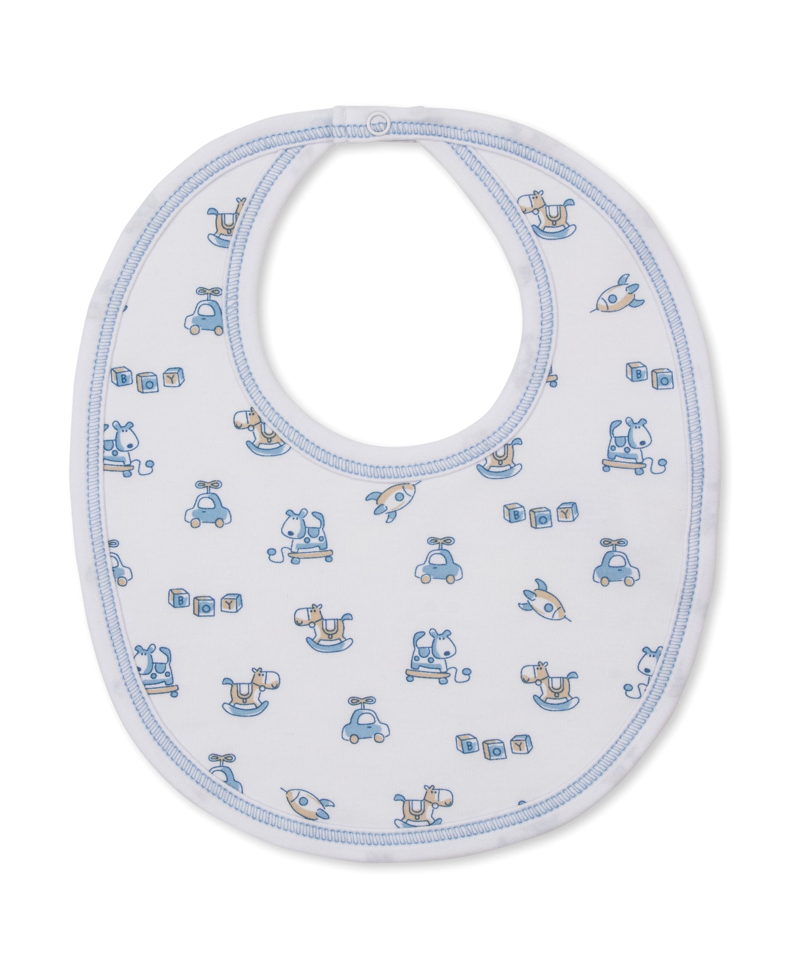Introducing the Vintage Toy Fun Bib by Kissy Kissy—a white Pima cotton baby bib with blue trim, featuring delightful blue and beige illustrations of rocking horses, cars, blocks, and elephants for a charming vintage toy look.