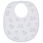 The Kissy Kissy Springtime Bunny Fun Bib is a soft white Pima cotton baby bib with light blue trim, featuring a playful print of blue and gray bunnies and tiny trees.