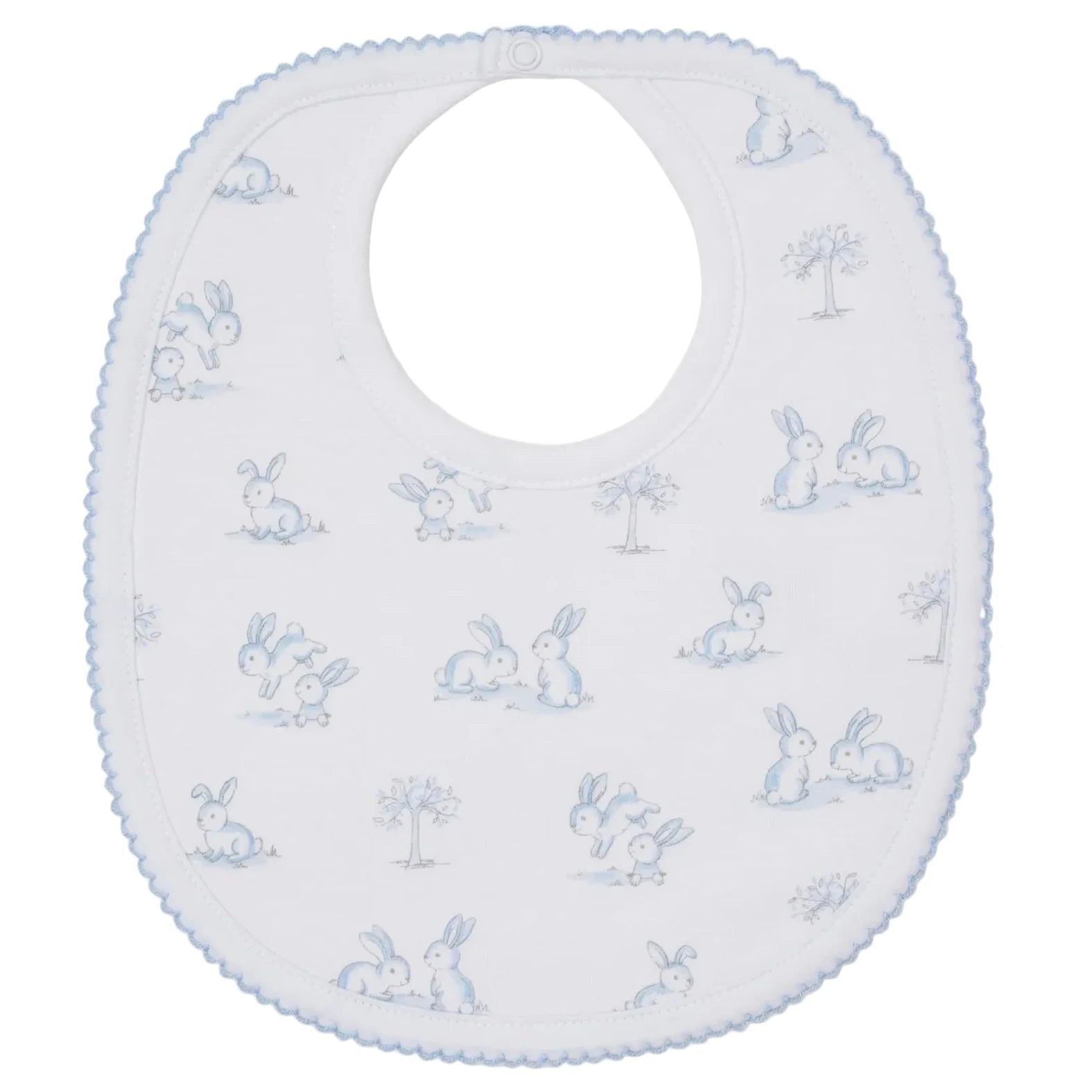 The Kissy Kissy Springtime Bunny Fun Bib is a soft white Pima cotton baby bib with light blue trim, featuring a playful print of blue and gray bunnies and tiny trees.