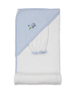 The Kissy Kissy Golf Championship Hooded Towel w/ Mitt Set features a white hooded towel with light blue striped trim and an embroidered animal design, perfect for baby bath time, shown folded on a white background.