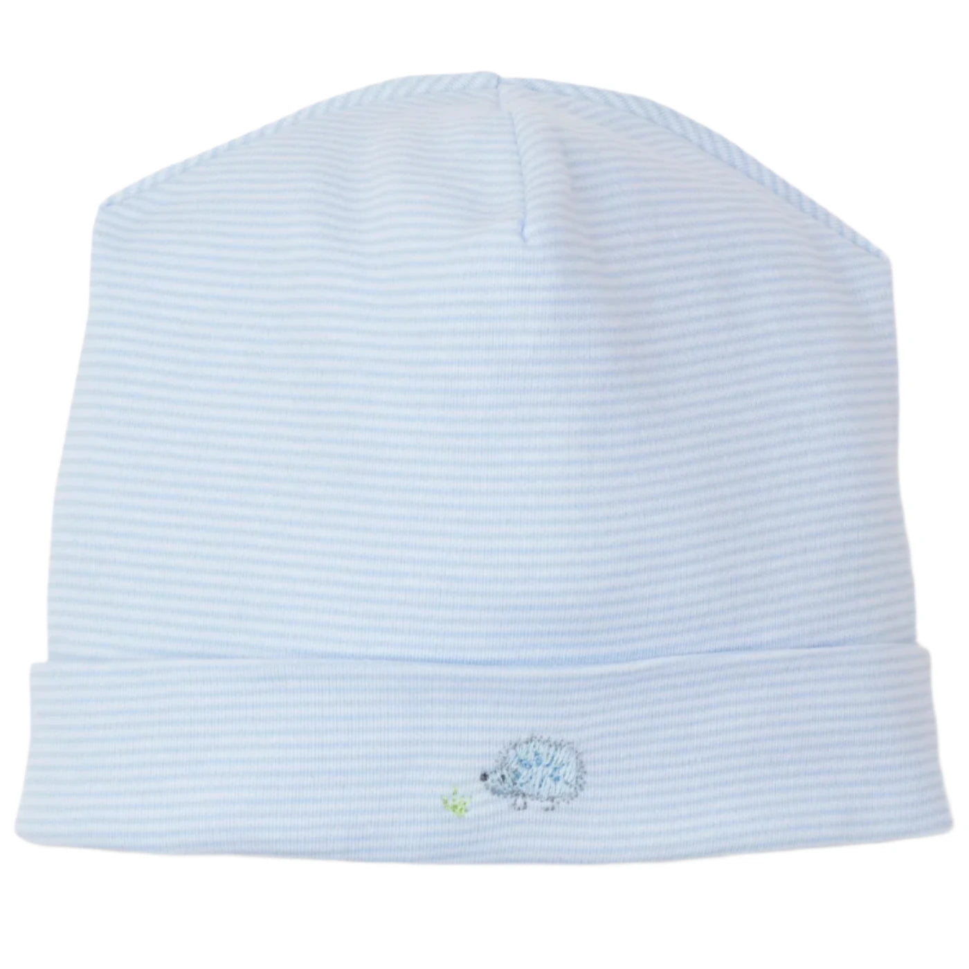 The Kissy Kissy Forest Fun Striped Hat is made from soft Pima cotton and showcases light blue stripes with an embroidered hedgehog design near the fold.