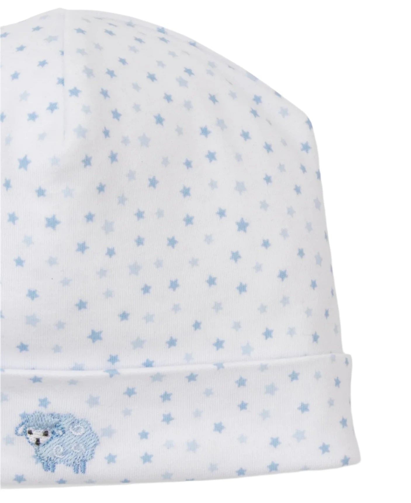 The Baby Baa Baa Baby Sheep Star Hat by Kissy Kissy is a white Pima cotton baby hat with a light blue star pattern and cute small sheep embroidery.