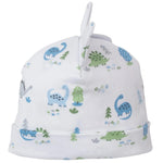 The Kissy Kissy Dinosaur Era Novelty Hat is crafted from soft Pima cotton and features a fun blue and green dinosaur print with two playful fabric spikes on top.