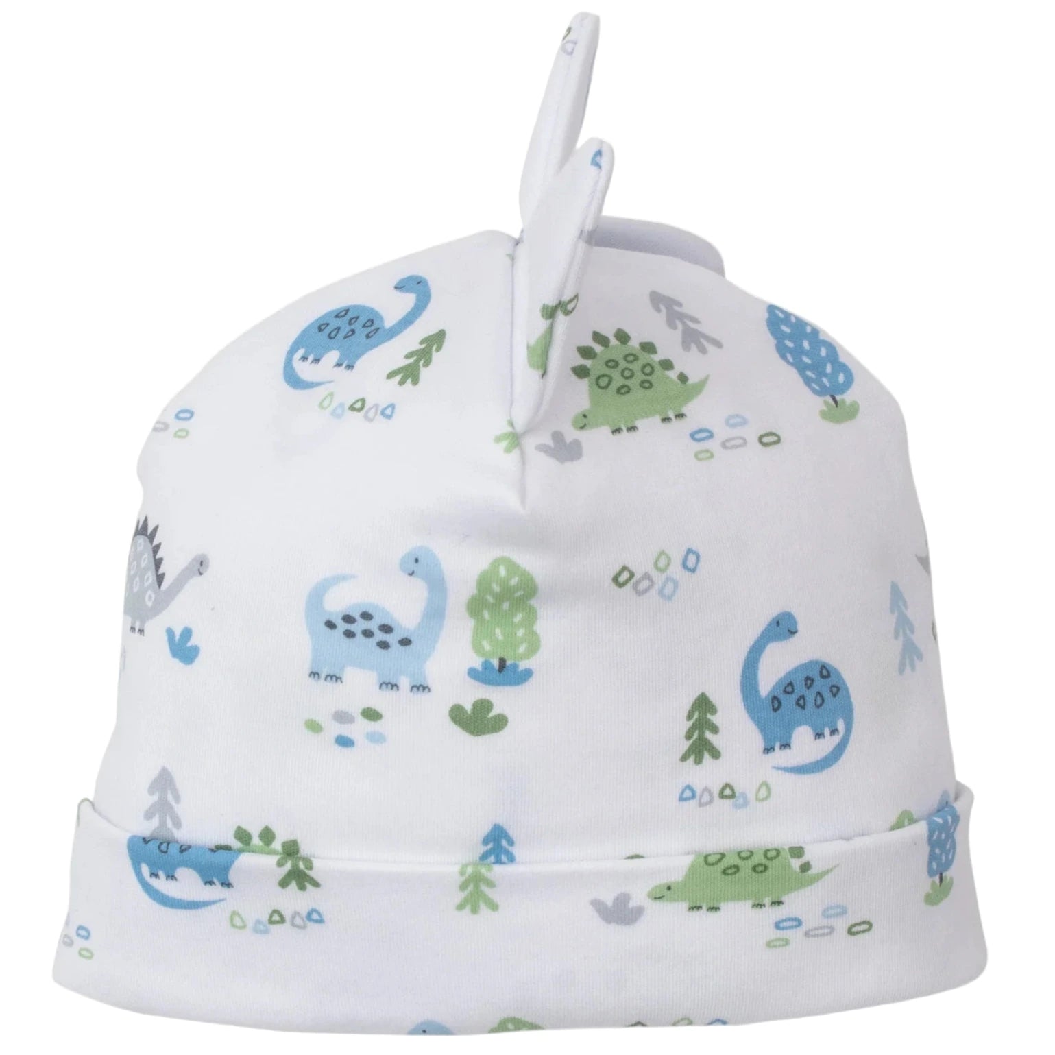 The Kissy Kissy Dinosaur Era Novelty Hat is crafted from soft Pima cotton and features a fun blue and green dinosaur print with two playful fabric spikes on top.