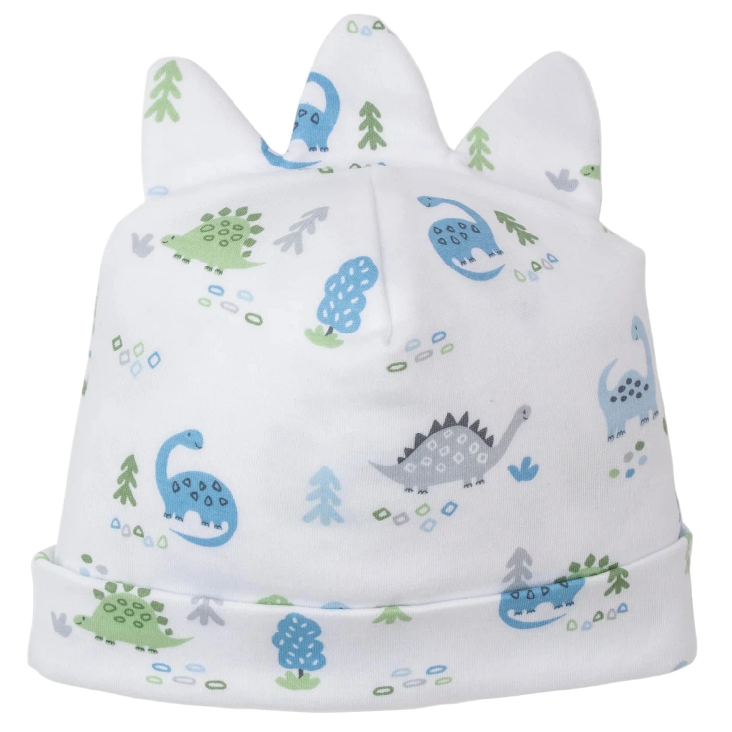 The Kissy Kissy Dinosaur Era Novelty Hat is a white Pima cotton baby hat with blue, green, and gray dinosaur prints, topped with three playful fabric spikes.