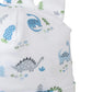 The Kissy Kissy Dinosaur Era Novelty Hat is a white Pima cotton baby hat with blue and gray dinosaur prints, green trees, and two playful ear-like details on top.