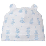 The Kissy Kissy Teddy Bear Time Novelty Printed Hat is a soft Pima cotton baby hat featuring a blue teddy bear print and two little fabric bear ears—an adorable accessory for your little one.