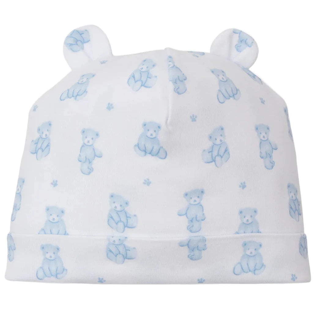 The Kissy Kissy Teddy Bear Time Novelty Printed Hat is a soft Pima cotton baby hat featuring a blue teddy bear print and two little fabric bear ears—an adorable accessory for your little one.
