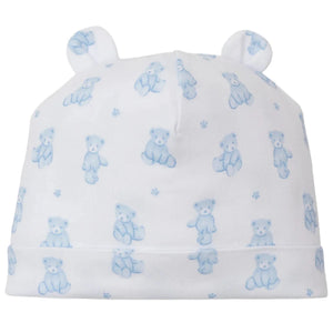The Kissy Kissy Teddy Bear Time Novelty Printed Hat is a soft Pima cotton baby hat featuring a blue teddy bear print and two little fabric bear ears—an adorable accessory for your little one.