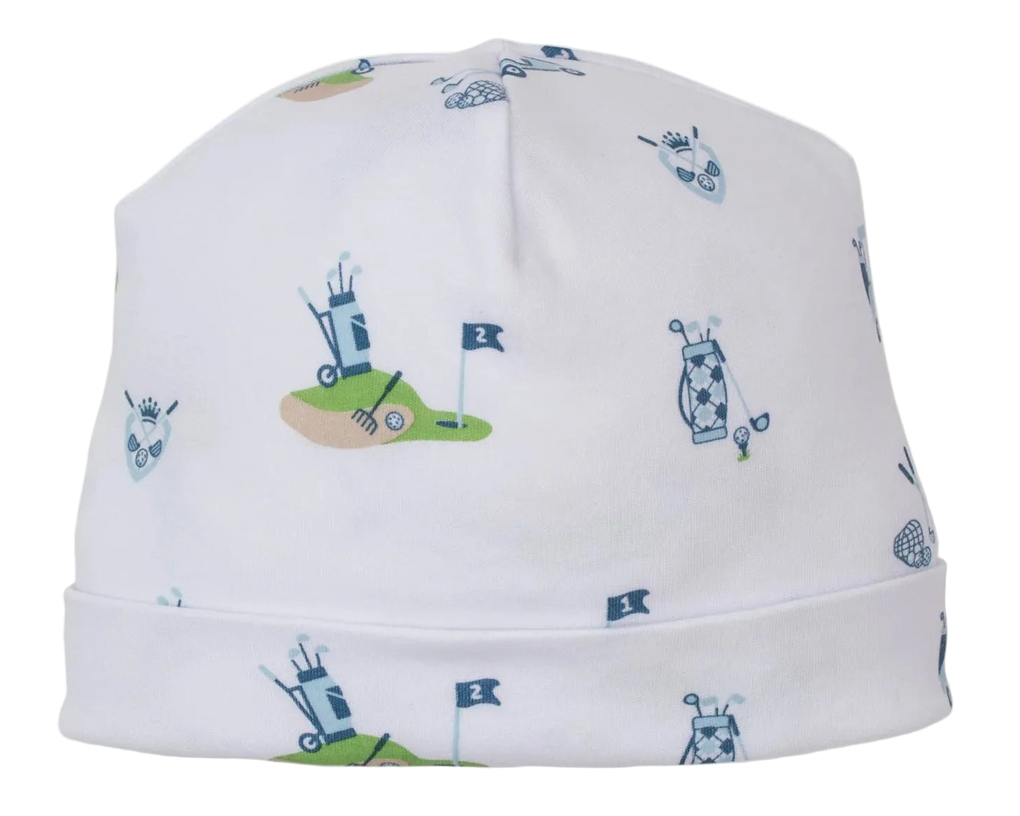 The Kissy Kissy Golf Championship Hat for babies is crafted from soft Pima cotton and features delightful golf-themed prints—bags, clubs, flags, balls, and greens—in blue, green, and beige.