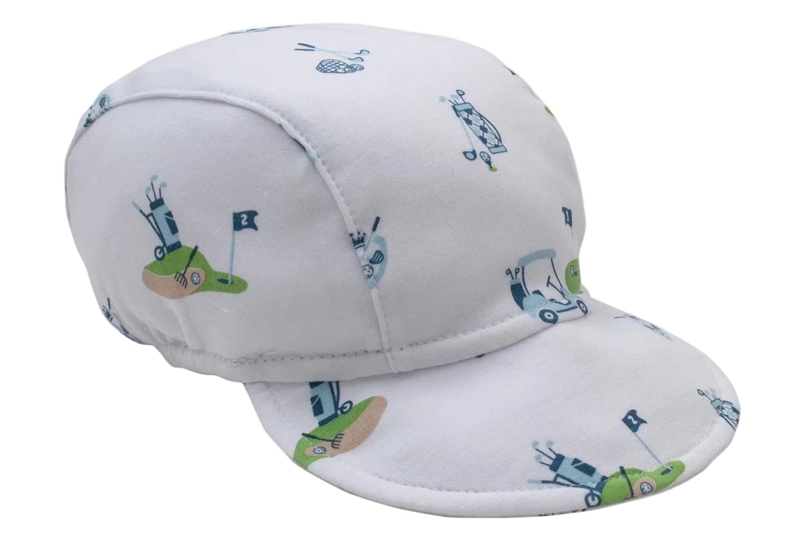 The Golf Championship Cap by Kissy Kissy is crafted from soft Pima cotton and features playful blue and green golf-themed prints of carts, flags, and clubs.