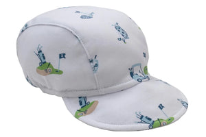 The Golf Championship Cap by Kissy Kissy is crafted from soft Pima cotton and features playful blue and green golf-themed prints of carts, flags, and clubs.