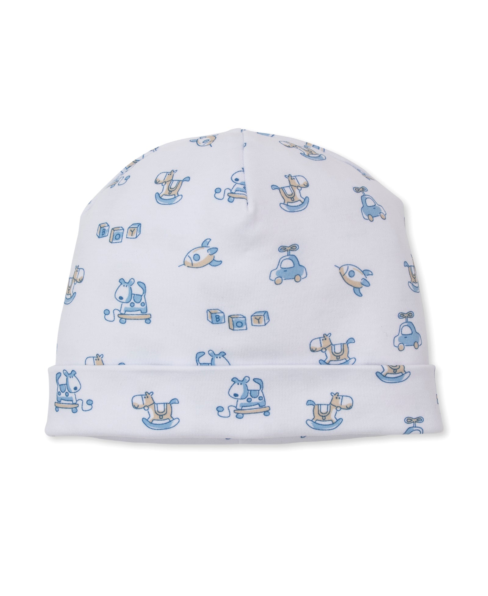 The Kissy Kissy Baby Vintage Toy Fun Hat is crafted in soft white Pima cotton and features a charming print of blue rocking horses, toy cars, planes, and cubes for a delightful vintage toy look.