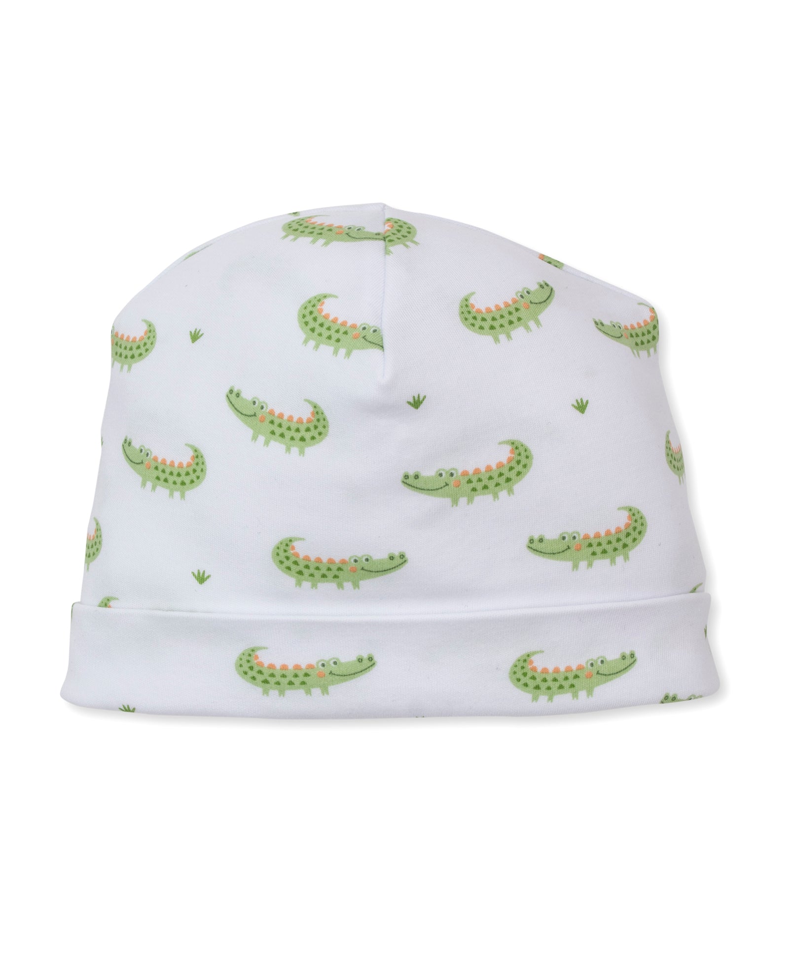 The Kissy Kissy Baby Boys’ Crocodile Camp Hat is crafted from soft Pima cotton and features a playful green cartoon alligator and grass patch print.