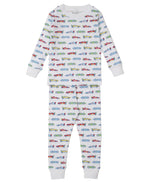 The Kissy Kissy Baby Boys' and Boys' Speedway Printed Pajama Set features long sleeves and pants with a colorful speedway print on white Pima cotton—soft, cozy, and perfect for playful dreams.