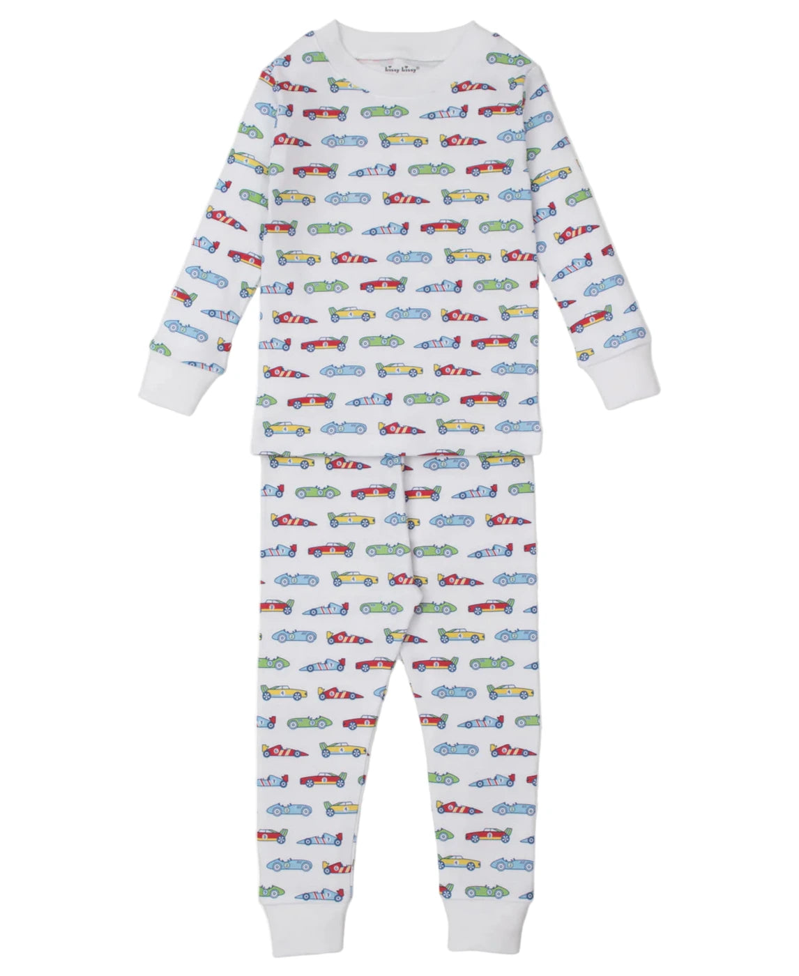 The Kissy Kissy Baby Boys' and Boys' Speedway Printed Pajama Set features long sleeves and pants with a colorful speedway print on white Pima cotton—soft, cozy, and perfect for playful dreams.