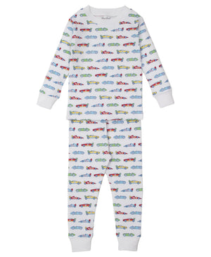The Kissy Kissy Baby Boys' and Boys' Speedway Printed Pajama Set features long sleeves and pants with a colorful speedway print on white Pima cotton—soft, cozy, and perfect for playful dreams.