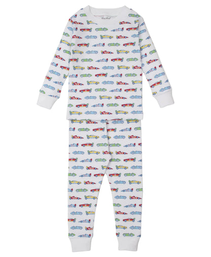 The Kissy Kissy Baby Boys' and Boys' Speedway Printed Pajama Set features long sleeves and pants with a colorful speedway print on white Pima cotton—soft, cozy, and perfect for playful dreams.