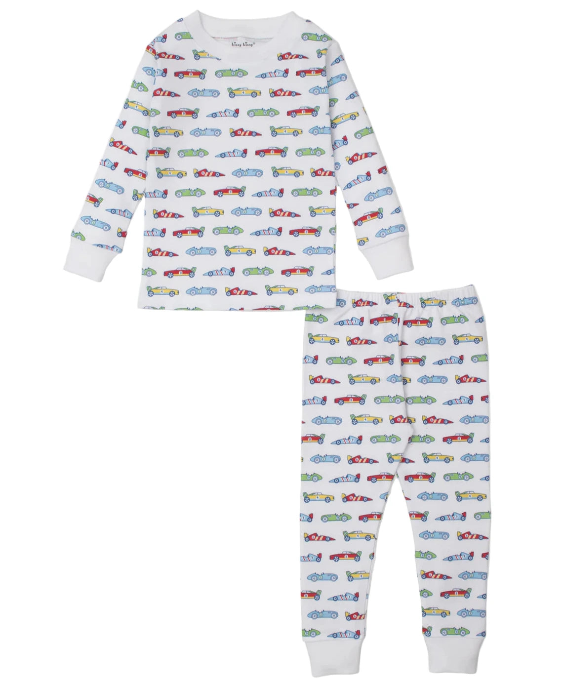 The Kissy Kissy Baby Boys' and Boys' Speedway Printed Pajama Set is a two-piece Pima cotton sleepwear with long sleeves and pants, covered in colorful cars on white for ultimate comfort.